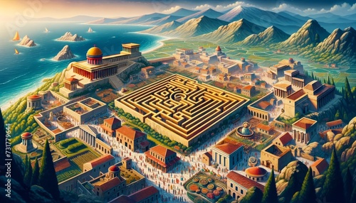 A whimsical, animated art style aerial view of ancient Crete, showcasing the labyrinth, ancient Minoan civilization in its glory, and the surrounding . photo