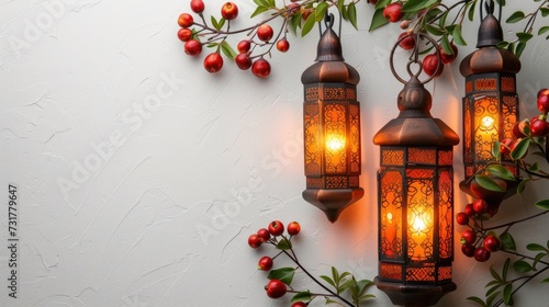 Image of lanterns hangs over white background with leaves and fruits. Suitable for design element of Ramadan Kareem greeting template. Ramadan Kareem theme background template.