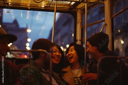 people laughing and talking during evening tram ride