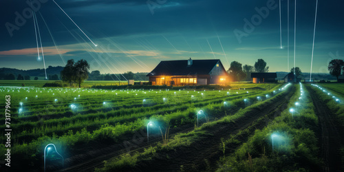 Futuristic Smart Agriculture: Nighttime View of a Farm with Digital Grid Overlay and IoT Technology Enhancing Crop Rows
