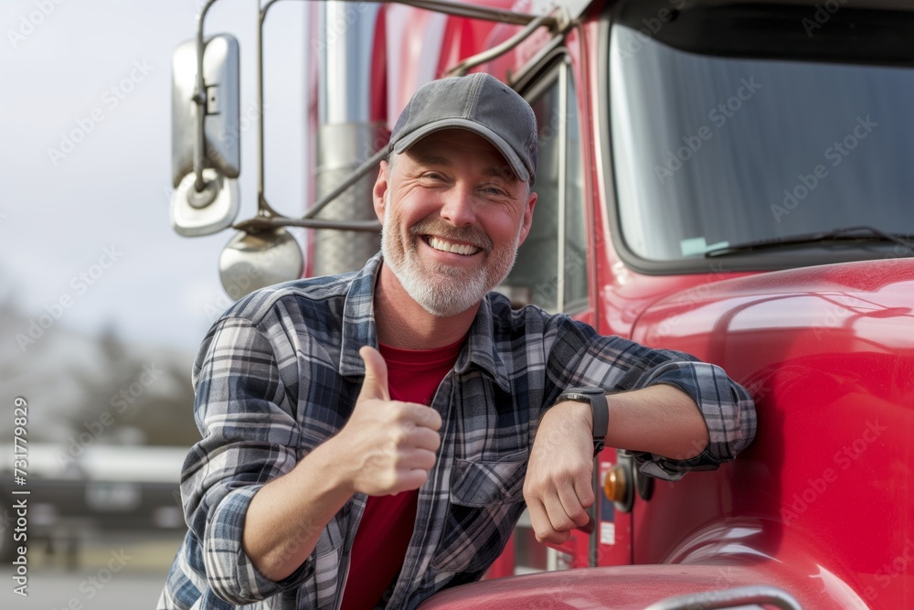 smiling trucker leaning on truck with thumbs up smiling trucker leaning on truck with thumbs up