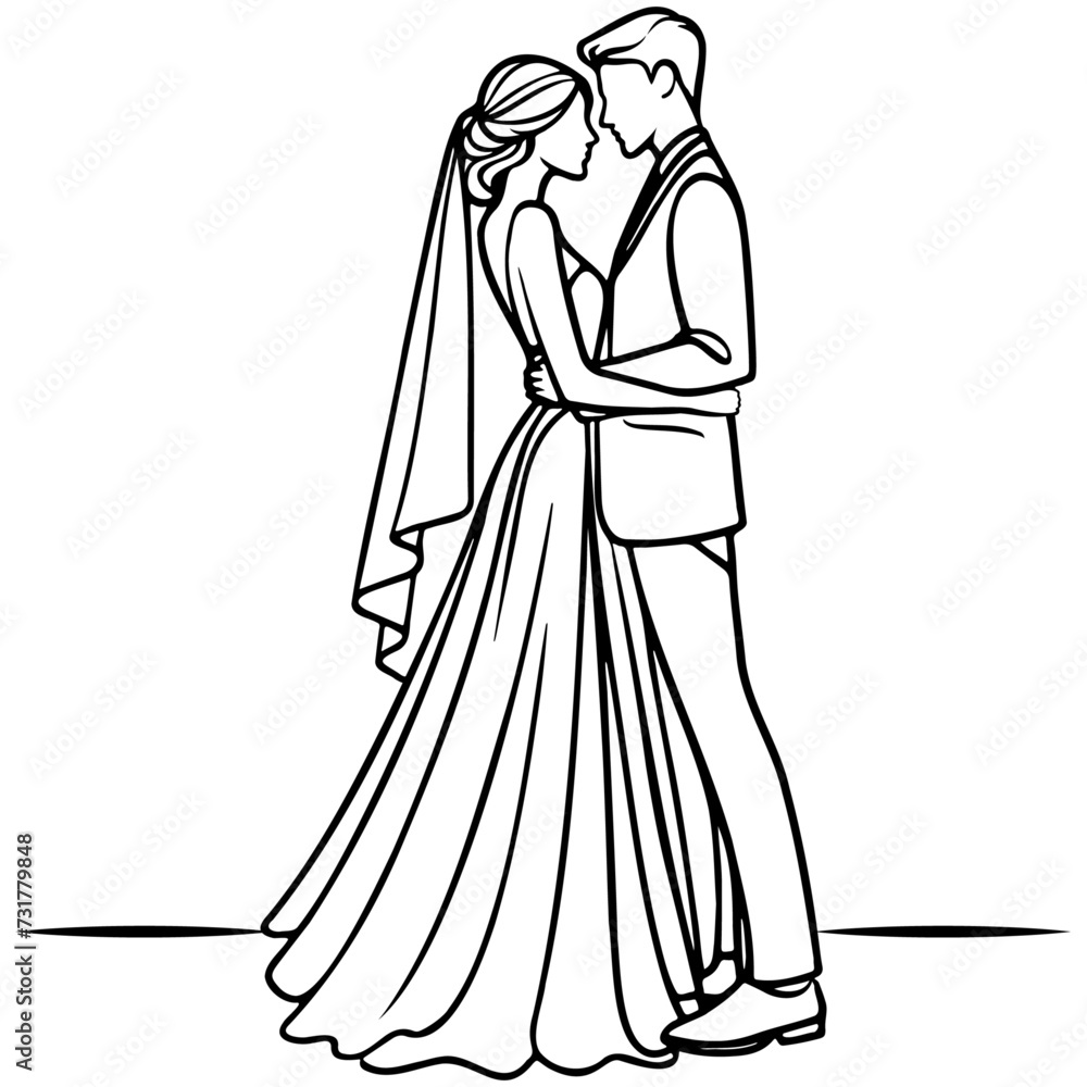 Fototapeta premium Groom and Bride Wedding Line Drawing.