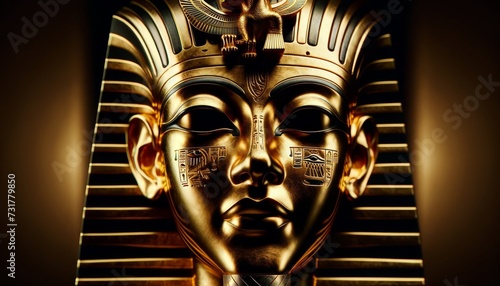 A close-up of a Pharaoh's golden death mask with intricate details.