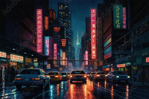 Night Cityscape with Neon Lights Reflected
