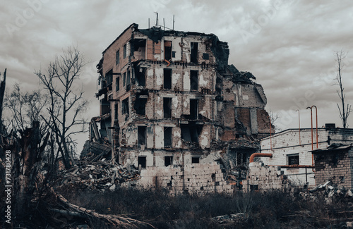 destroyed and burned houses in the city Russia Ukraine war