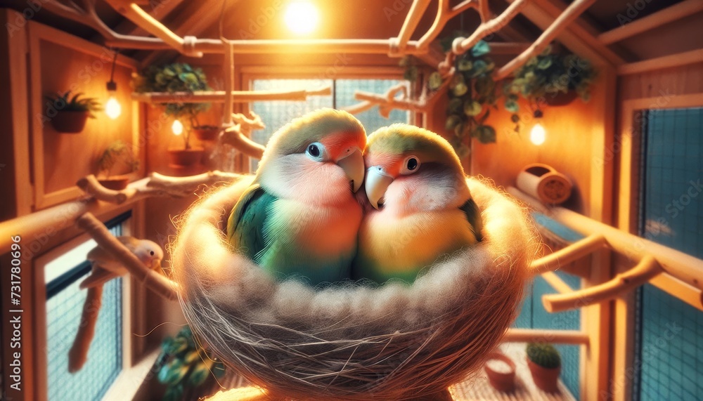 A pair of lovebirds inside a cozy nest with soft lining, the setting is a warm and inviting indoor aviary. - obrazy, fototapety, plakaty 
