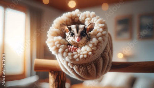 A sugar glider inside a fleece pouch, the setting is a cozy indoor room with soft, ambient lighting.