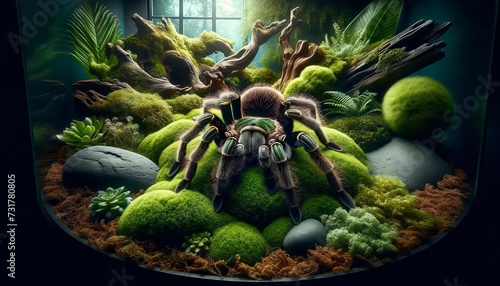 A tarantula in a habitat with a comfortable-looking moss bed, the setting is a carefully arranged terrarium that simulates a natural environment.