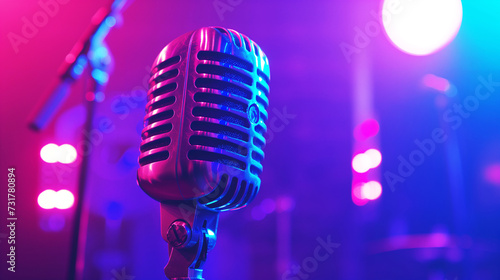 Close up of microphone in concert hall or conference room. AI Generative.