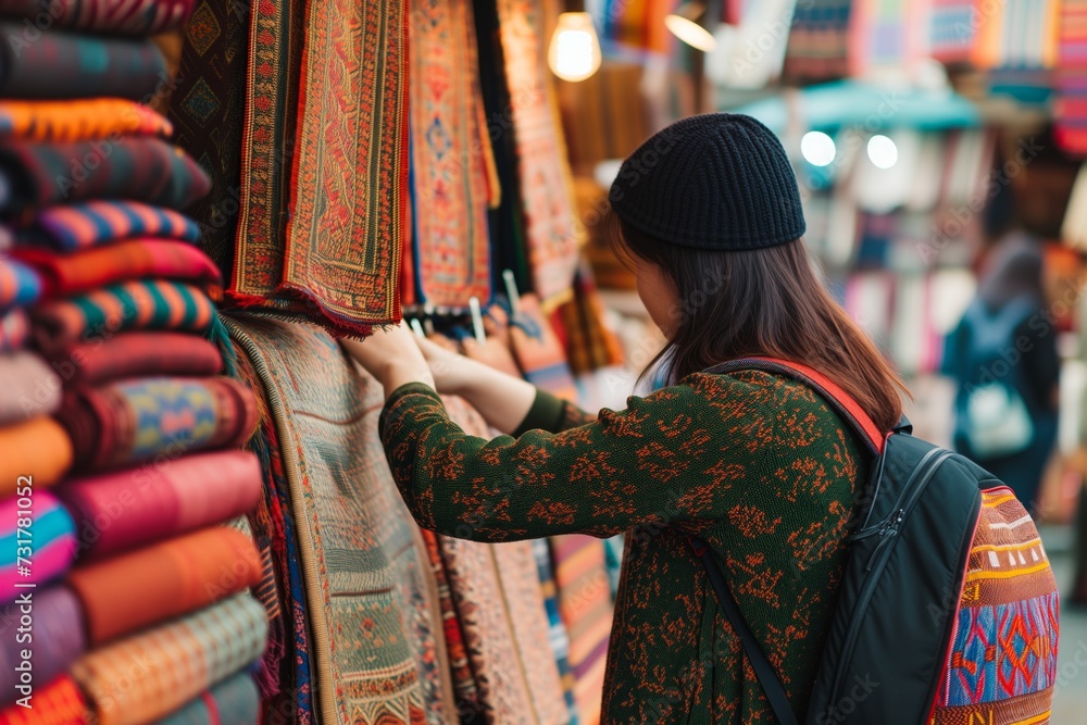 solo traveler touching fabric at a textile vendors booth