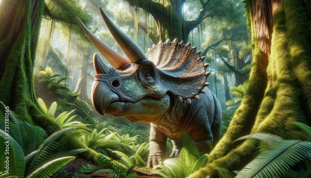 A close-up of a Triceratops in a lush Cretaceous forest, the dinosaur is highly detailed with textured skin, vibrant colors, and expressive eyes. A close-up of a Triceratops in a lush Cretaceous forest, the dinosaur is highly detailed with textured skin, vibrant colors, and expressive eyes.