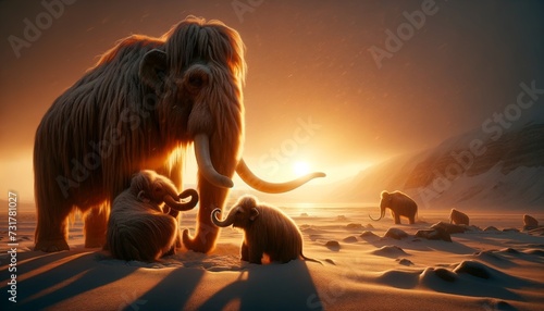 An artistic interpretation of a woolly mammoth family enjoying a brief moment of warmth during the ice age, with a setting sun casting long shadows. photo