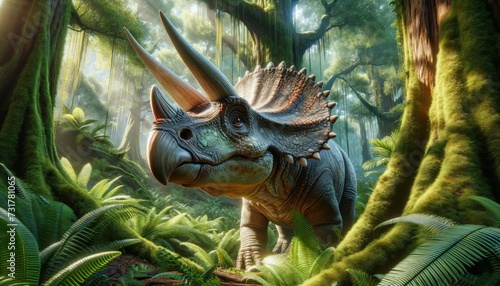 A close-up of a Triceratops in a lush Cretaceous forest  the dinosaur is highly detailed with textured skin  vibrant colors  and expressive eyes.