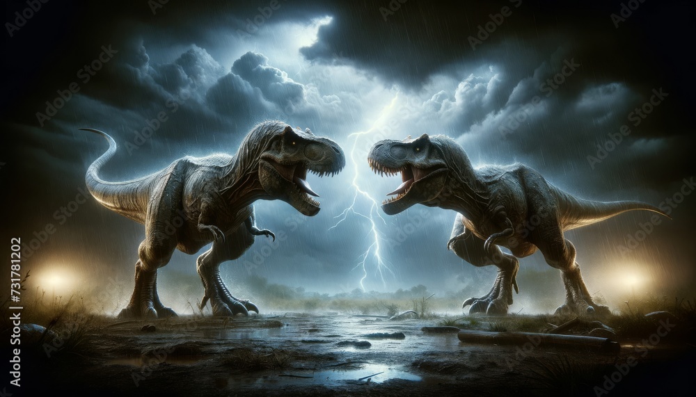 Naklejka premium A pair of Tyrannosaurus rex facing off during a thunderstorm, these imposing dinosaurs are depicted with powerful bodies and fierce expressions.