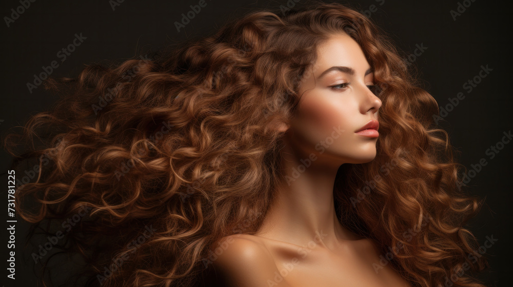 Brunette girl with long and shiny curly hair . Beautiful model woman with wavy hairstyle Brunette girl with long and shiny curly hair . Beautiful model woman with wavy hairstyle