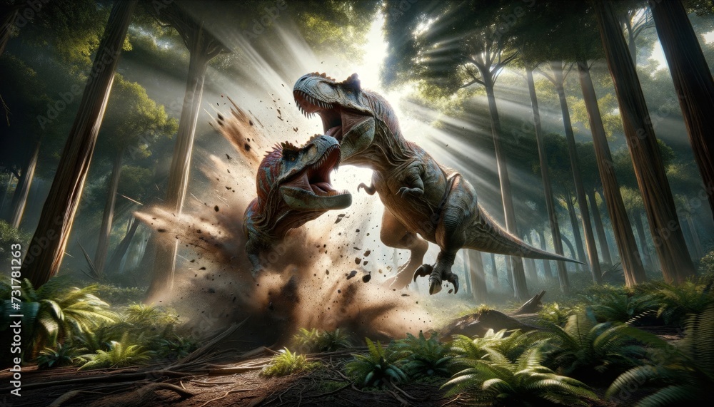 A Pachycephalosaurus ramming heads in a display of dominance, these dinosaurs are depicted with stunning detail, highlighting their thick, domed skull. - obrazy, fototapety, plakaty 