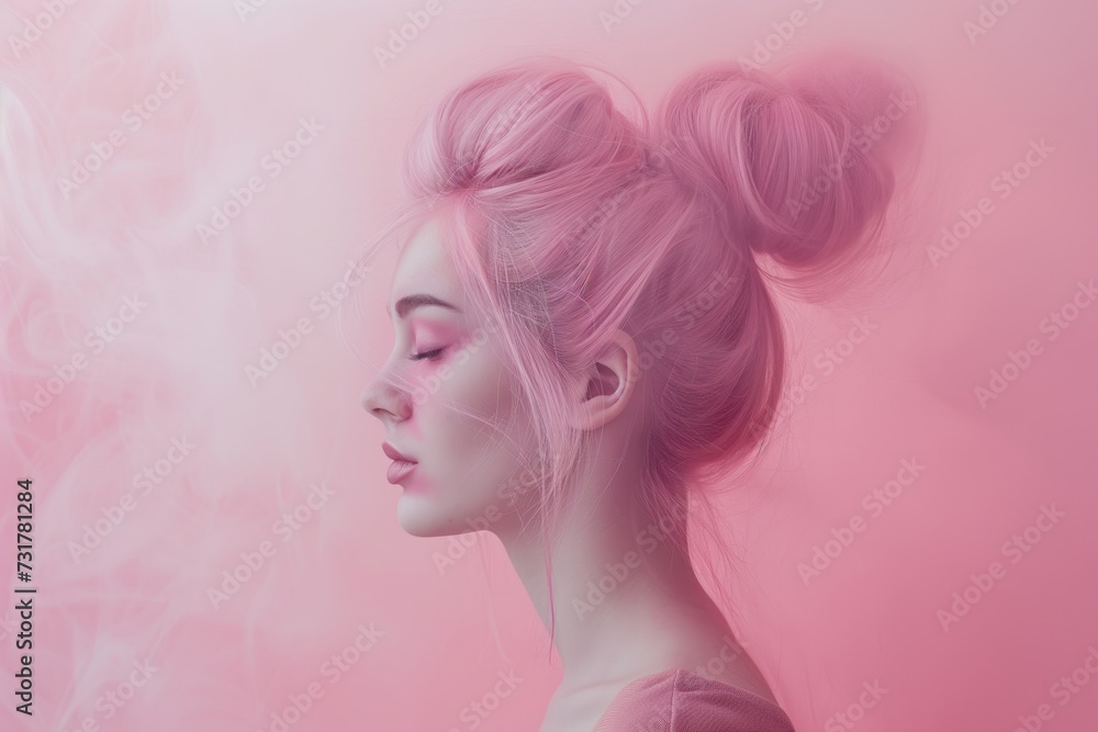 profile shot, soft pink smoke hair in a classic bun