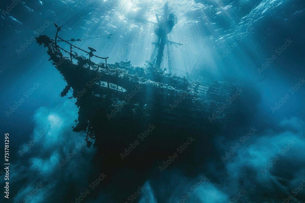 Photo of a shipwreck underwater - obrazy, fototapety, plakaty 