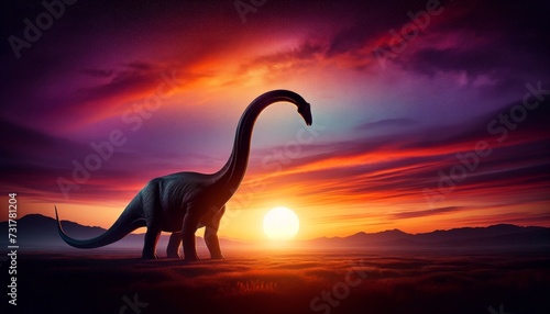 A Brachiosaurus silhouette against a setting sun, the dinosaur is depicted in striking detail with its long neck stretching towards the sky. © FantasyLand86