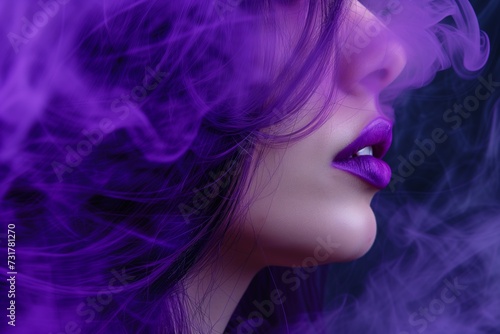 closeup of face with purple smoke hair blowing sideways