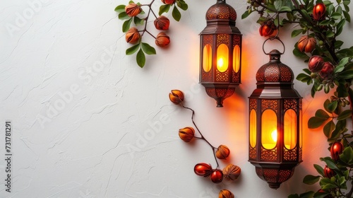 Image of lanterns hangs over white background with  leaves and fruits. Suitable for design element of Ramadan Kareem greeting template. Ramadan Kareem theme background template. photo