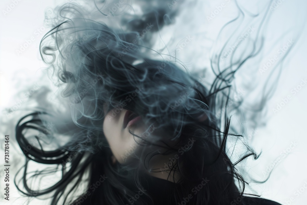 person in wind, smoke hair swirling in controlled chaos