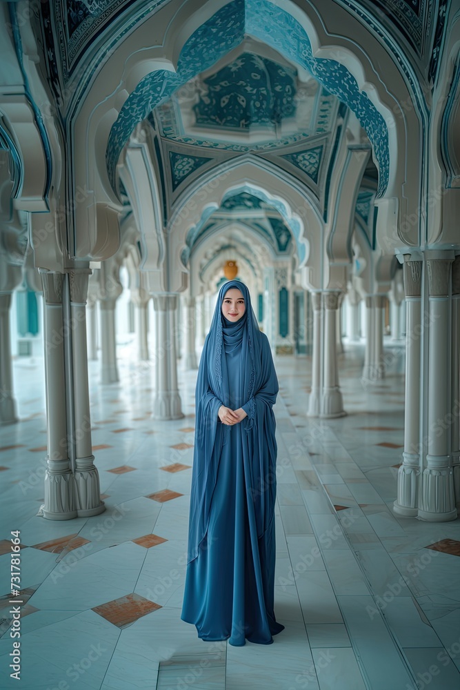 Portrait of young indonesian muslim woman in blue hijab and religious outfit standing in a beautiful decoration mosque. People religious Islam lifestyle concept. Fashion, stylist and chic.