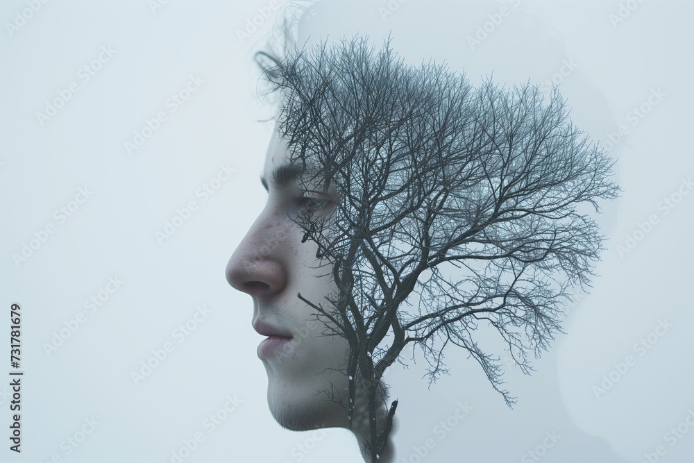 side view with half a face as a bare winter tree, other half normal side view with half a face as a bare winter tree, other half normal