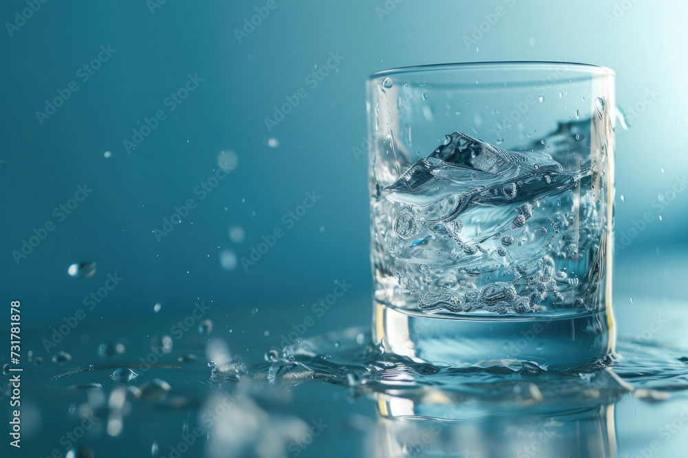 glass of water with splashes and splashes, bubbles in motion, spilled drops on the surface, blue bokeh background glass of water with splashes and splashes, bubbles in motion, spilled drops on the surface, blue bokeh background