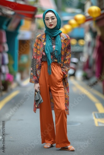 Portrait of young indonesian muslim woman in hijab and colorful casual outfit posing on the street. People modern Islam lifestyle concept. Fashion, stylist and chic.