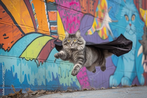 maine coon cat with cape flying past a colorful mural