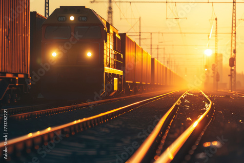 Train carrying cargo under the rays of the setting sun.