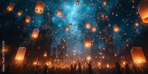 Glowing Sky Lanterns: A Spectacular Nighttime Event Generative AI