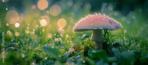 A terrestrial plant known as a mushroom is found growing in the grass. The mushroom is adorned with dew drops.