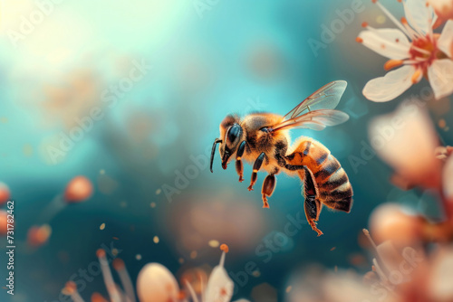 close-up, a bee flies near branches with flowers, on a blue background photo