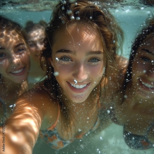 group of women underwater taking selfie, in the style of expressive movement