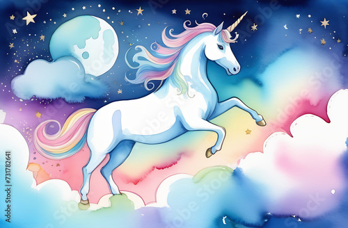 illustration of a unicorn running through the clouds