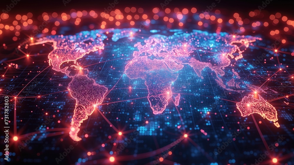 An abstract representation of globalization and interconnectedness, with a world map overlaid with network lines connecting different continents and cities - obrazy, fototapety, plakaty 