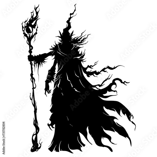 Silhouette mage with staff full body black color only