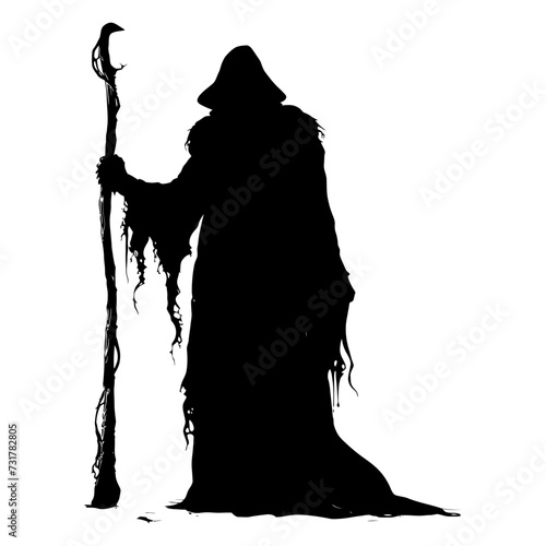 Silhouette mage with staff full body black color only