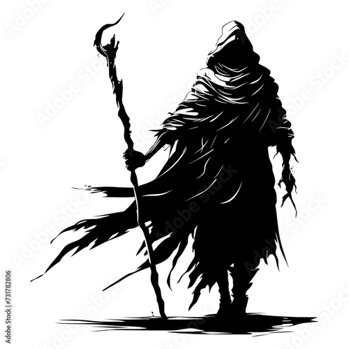 Silhouette mage with staff full body black color only