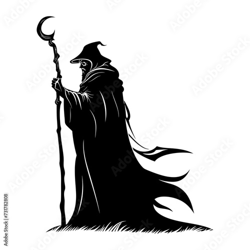 Silhouette mage with staff full body black color only