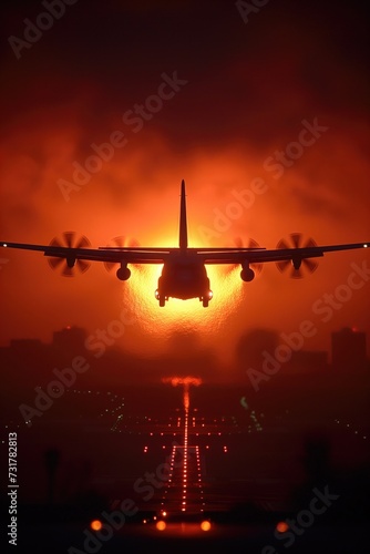 An atmospheric image of a cargo plane flying low over a vast desert landscape, its silhouette outlined against the setting sun, symbolizing the vital role of air transport in military logistics