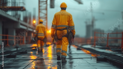 construction worker wearing safety uniform during working on roof structure, morning city view © arti om