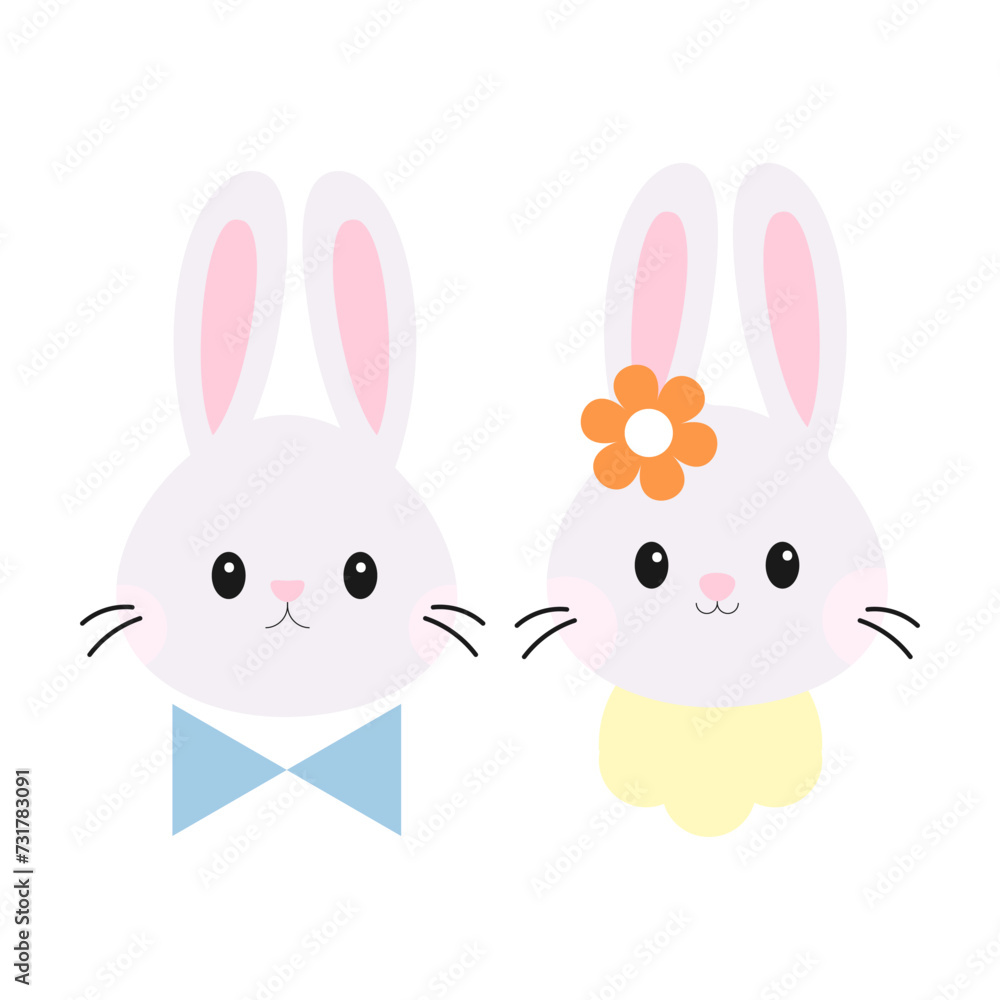 Two faces of a hare on an isolated background.Hare with a tie.Hare with a flower.Girl and boy symbol.Design element for Easter card.Vector illustration of cute little baby bunnies.