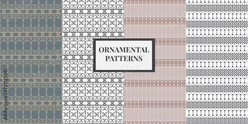 Colección de patrones vectoriales ornamentales con formas serias y elegantes. Fondos geométricos en tonos pastel, rosas, verdes, grises, azules verdosos photo