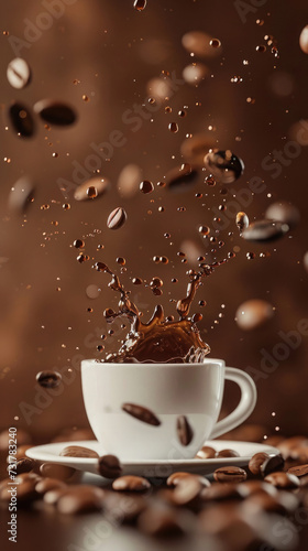 cup of hot drink, flying movement of coffee grains falling, splash with splashes on the saucer