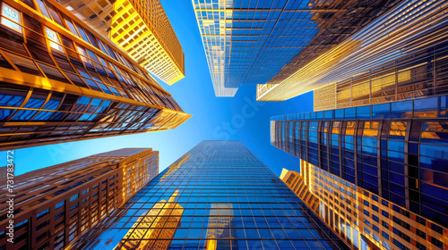 Upward Perspective of Modern Skyscrapers Against Blue Sky