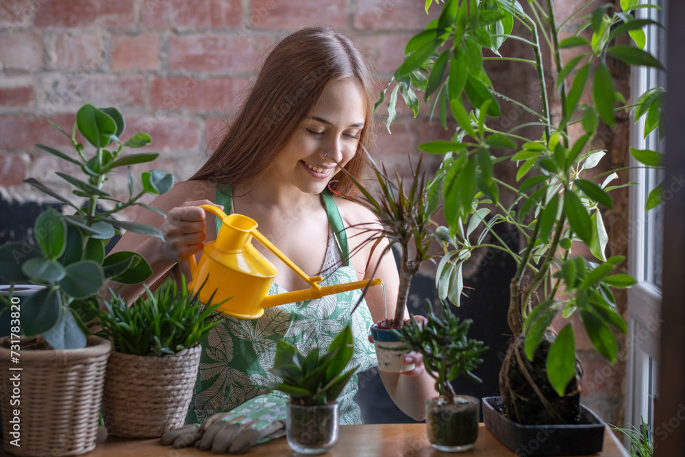Portrait of smiling teenage girl watering houseplant Portrait of smiling teenage girl watering houseplant