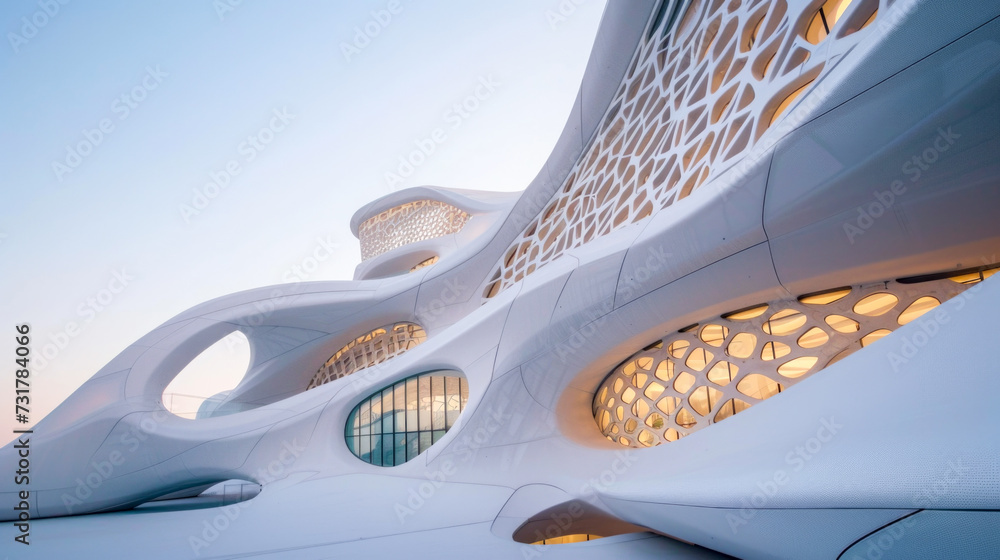 Futuristic Architecture with Fluid Design and Perforated Facade at Sunset Futuristic Architecture with Fluid Design and Perforated Facade at Sunset